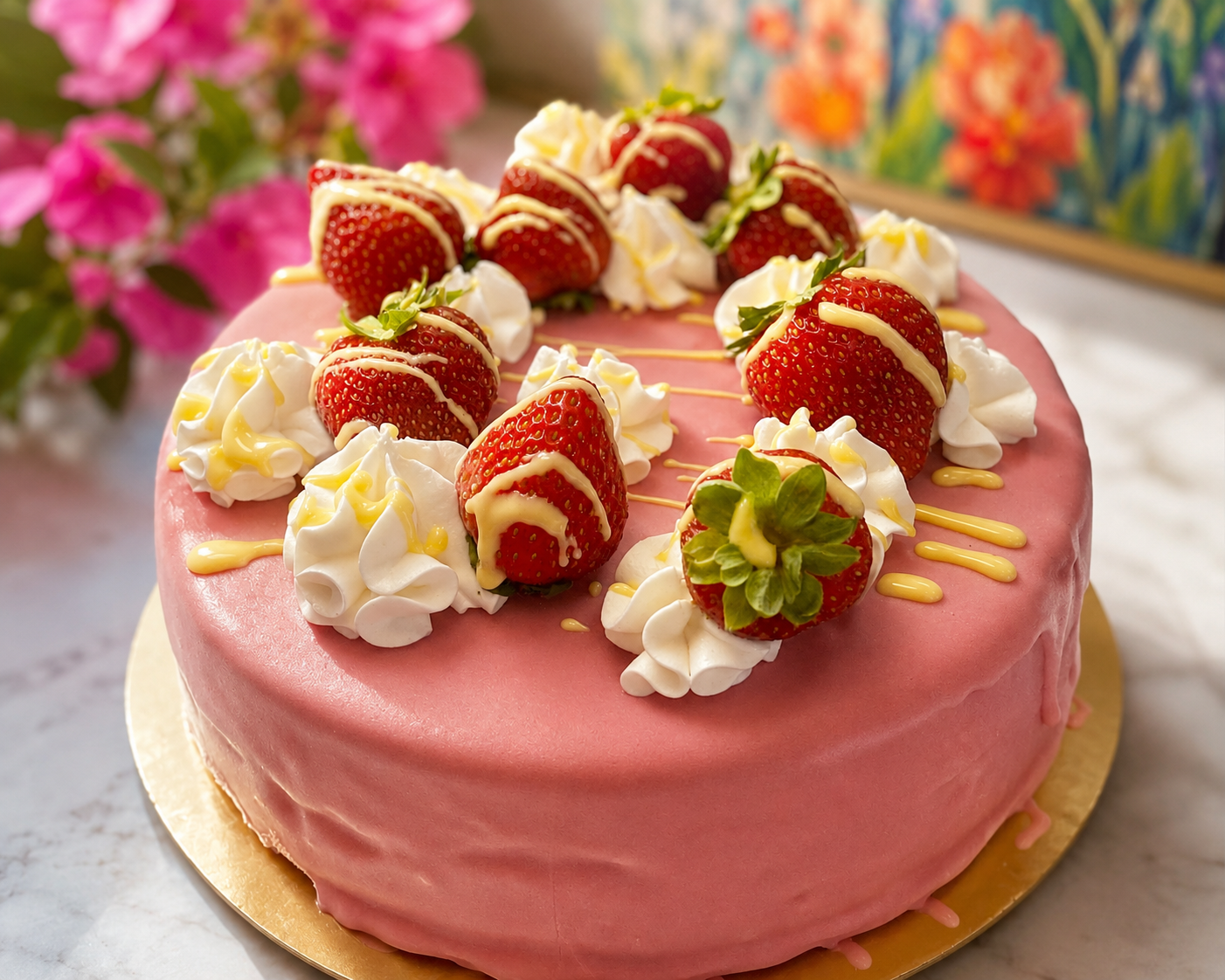 Strawberry gelato cake finished with cream rosettes and fresh strawberries