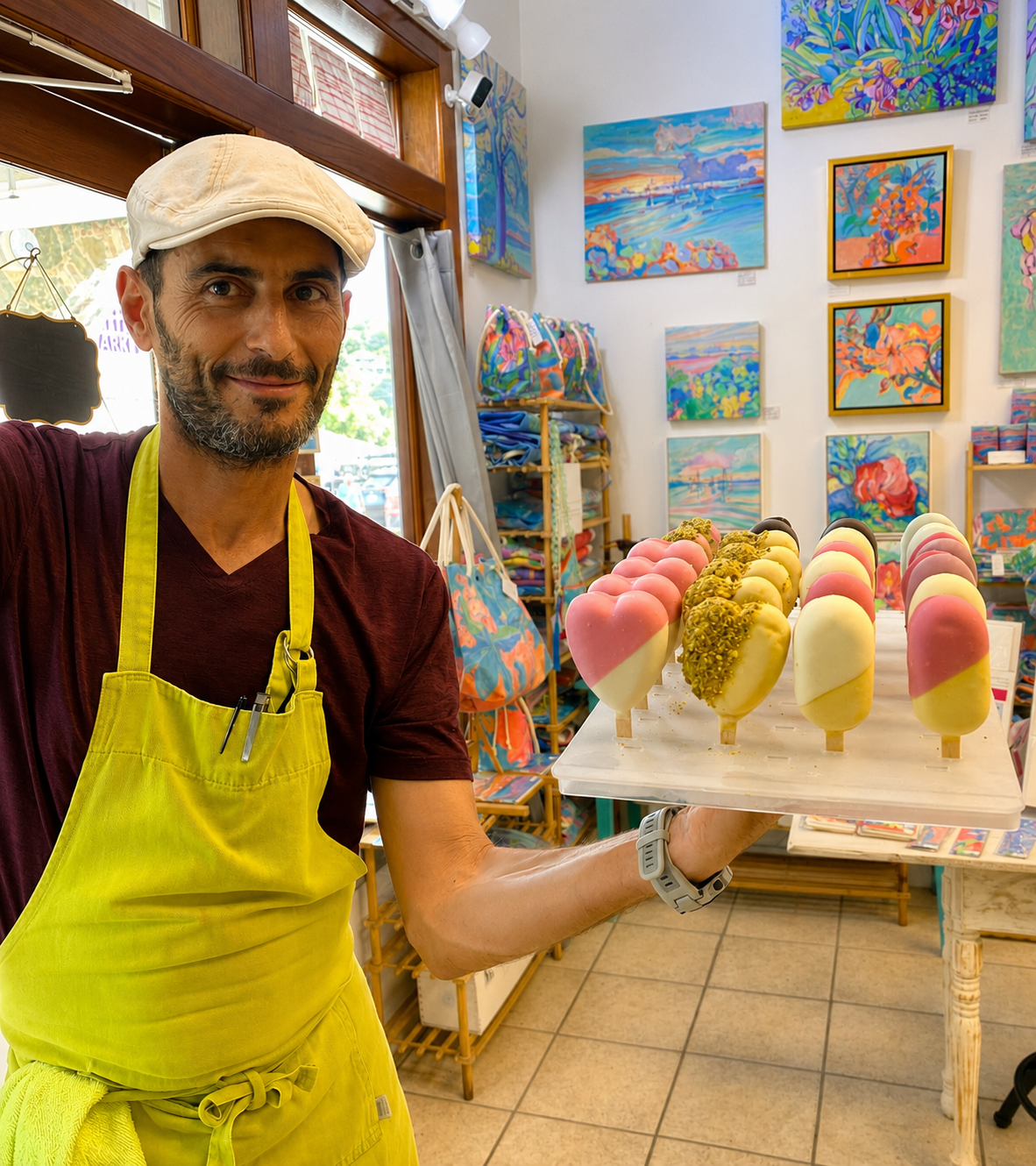 Giovanni holding a tray of gelato popsicles